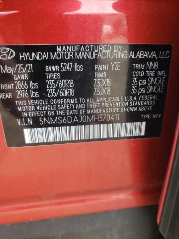 5NMS6DAJ0MH370411 - 2021 HYUNDAI SANTA FE SEL RED photo 12