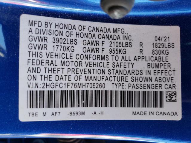 2HGFC1F76MH706260 - 2021 HONDA CIVIC EXL BLUE photo 12