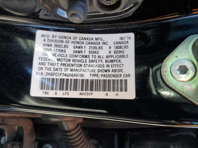 2HGFC1F74GH649190 - 2016 HONDA CIVIC EXL BLACK photo 12
