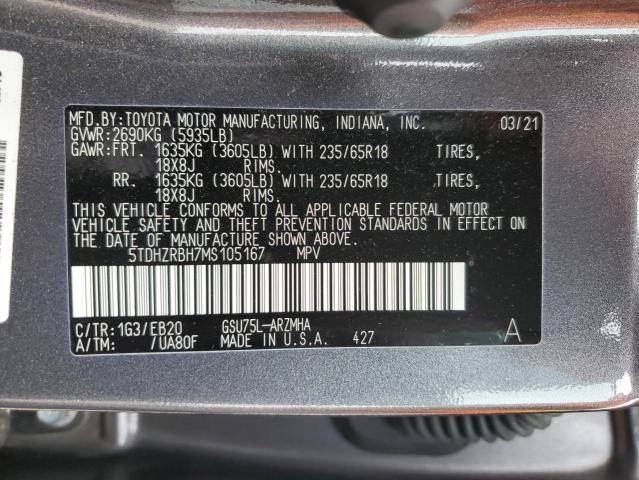 5TDHZRBH7MS105167 - 2021 TOYOTA HIGHLANDER XLE Boz foto 14