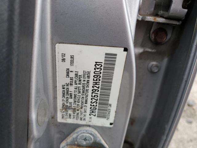 2HGES25792H590331 - 2002 HONDA CIVIC EX SILVER photo 12