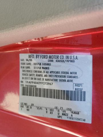 1FAFP4042YF272967 - 2000 FORD MUSTANG RED photo 12