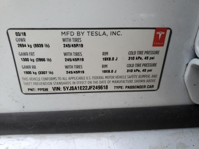 5YJSA1E22JF249618 - 2018 TESLA MODEL S Սպիտակ լուսանկար 13