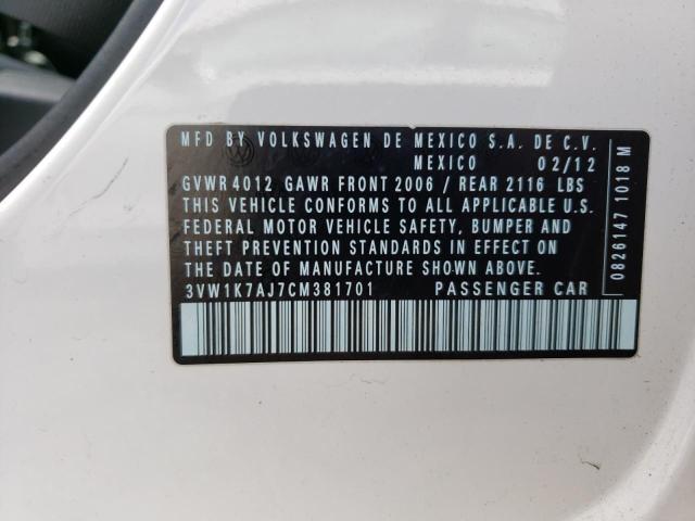 3VW1K7AJ7CM381701 - 2012 VOLKSWAGEN JETTA BASE 白色 照片 12