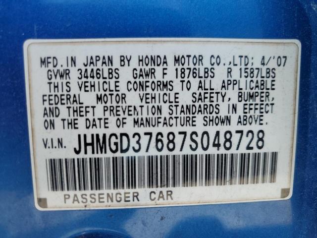 JHMGD37687S048728 - 2007 HONDA FIT S 蓝色 照片 12