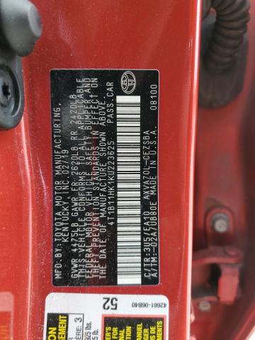 4T1B11HK1KU223625 - 2019 TOYOTA CAMRY L RED photo 12