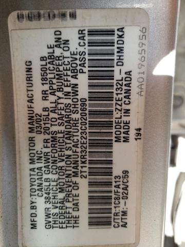 2T1KR32E23C020690 - 2003 TOYOTA COROLLA MA XR SILVER photo 13