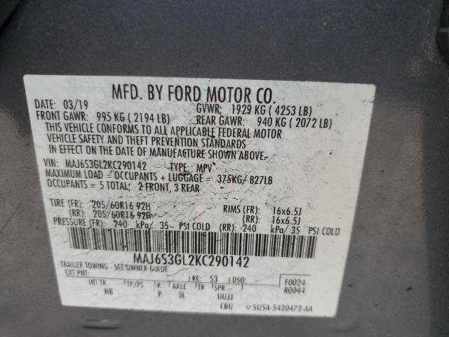 MAJ6S3GL2KC290142 - 2019 FORD ECOSPORT SE ნაცრისფერი ფოტო 12