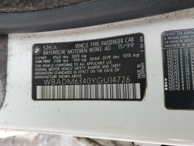 WBADM6340YGU14726 - 2000 BMW 528I I AUTOMATIC WHITE photo 12
