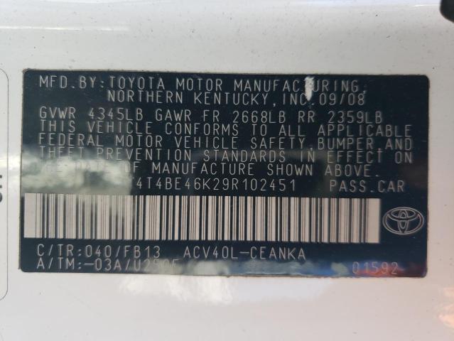 4T4BE46K29R102451 - 2009 TOYOTA CAMRY BASE WHITE photo 12