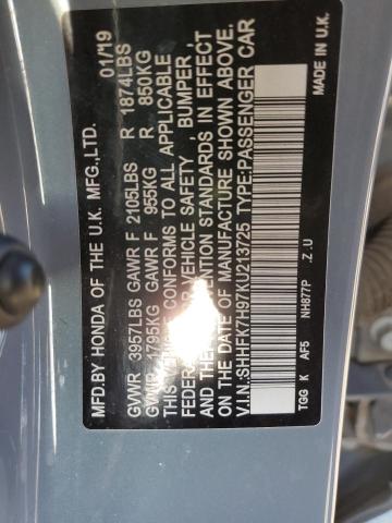 SHHFK7H97KU213725 - 2019 HONDA CIVIC SPORT TOURING GRAY photo 12