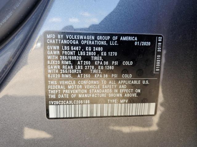 1V25C2CA3LC205195 - 2020 VOLKSWAGEN ATLAS CROS SE Серый фото 12