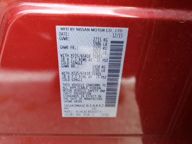 5N1AR2MNXGC614442 - 2016 NISSAN PATHFINDER S 红色 照片 13