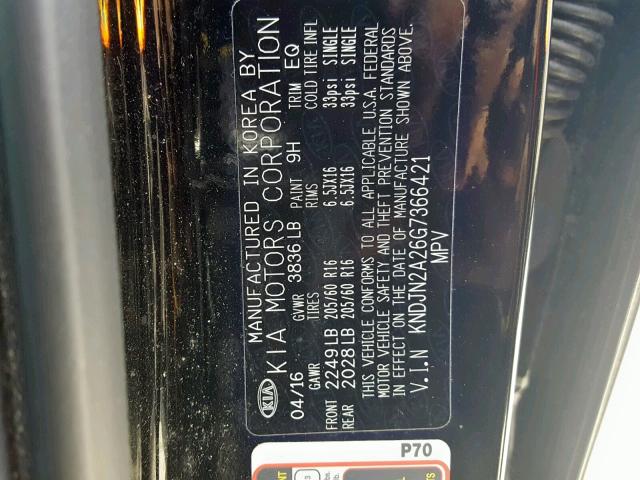 KNDJN2A26G7366421 - 2016 KIA SOUL  photo 10