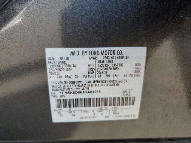 1FM5K8D86JGA81265 - 2018 FORD EXPLORER XLT CHARCOAL photo 12