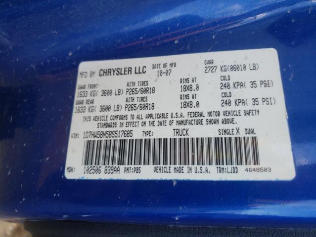 1D7HW58N58S517685 - 2008 DODGE DAKOTA QUAD LARAMIE BLUE photo 12