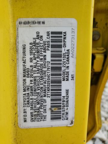 2T1KR32E04C179712 - 2004 TOYOTA COROLLA MA XR YELLOW photo 13