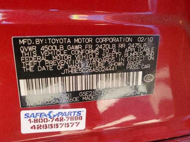 JTHBE5C26A5024441 - 2010 LEXUS IS 350 RED photo 12