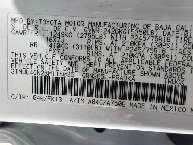 3TMJU4GN2BM118035 - 2011 TOYOTA TACOMA DOUBLE CAB PRERUNNER WHITE photo 10