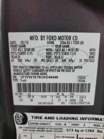 1FTFW1ET6CKD45446 - 2012 FORD F150 SUPERCREW GRAY photo 12