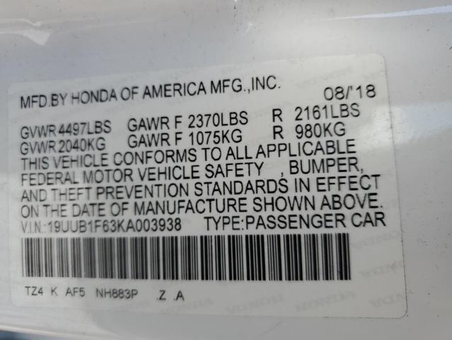 19UUB1F63KA003938 - 2019 ACURA TLX TECHNOLOGY WHITE photo 13