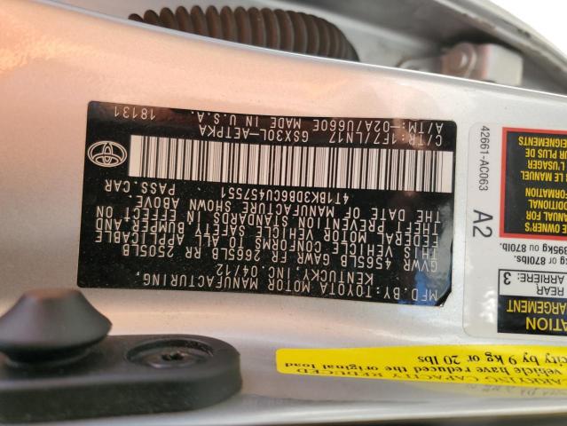 4T1BK3DB6CU457551 - 2012 TOYOTA AVALON BASE 银色 照片 12