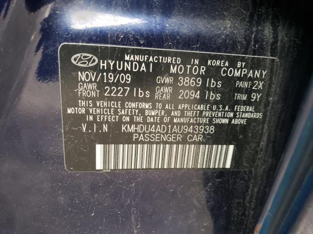 KMHDU4AD1AU943938 - 2010 HYUNDAI ELANTRA BLUE BLUE photo 12