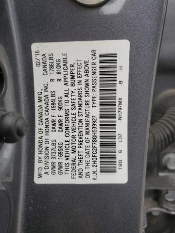 2HGFC2F78GH539927 - 2016 HONDA CIVIC EX GRAY photo 12