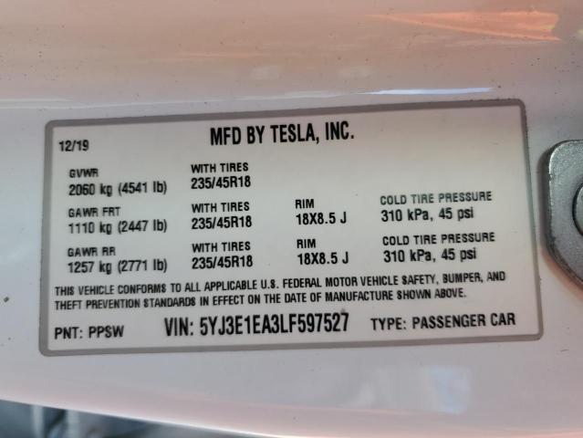 5YJ3E1EA3LF597527 - 2020 TESLA MODEL 3 WHITE photo 12