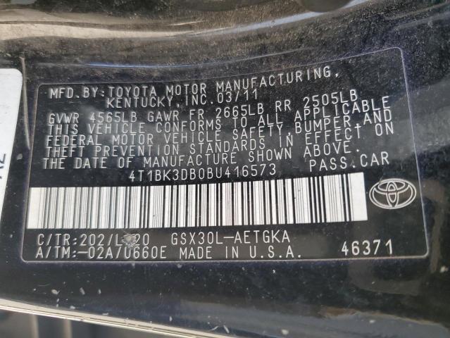 4T1BK3DB0BU416573 - 2011 TOYOTA AVALON BASE 黑色 照片 12