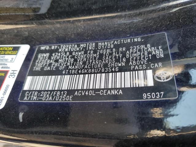 4T1BE46K88U783546 - 2008 TOYOTA CAMRY CE BLACK photo 12