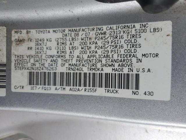 5TEPX42N18Z476263 - 2008 TOYOTA TACOMA SILVER photo 12