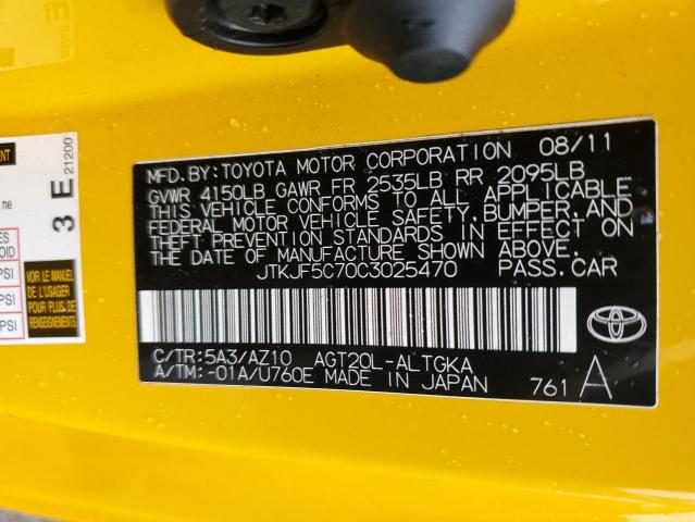 JTKJF5C70C3025470 - 2012 TOYOTA SCION TC YELLOW photo 13