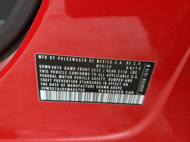 3VW2K7AJ0CM464729 - 2012 VOLKSWAGEN JETTA BASE أحمر صورة 12