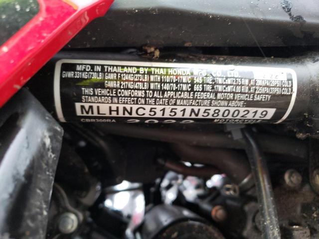 MLHNC5151N5800219 - 2022 HONDA CBR300 RA RED photo 10