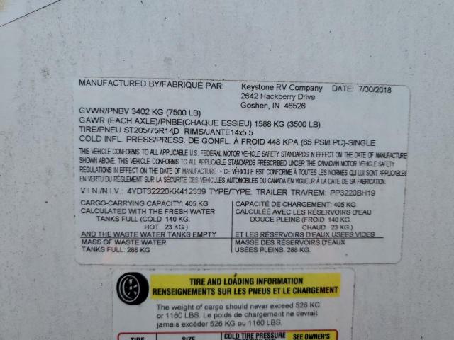 4YDT32220KK412339 - 2019 PASSPORT TRAVELTRLR TWO TONE photo 10