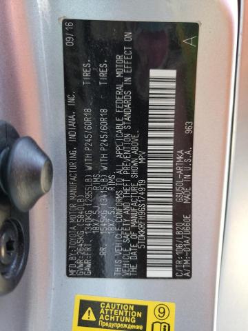 5TDKKRFH9GS174919 - 2016 TOYOTA HIGHLANDER XLE GRAY photo 10