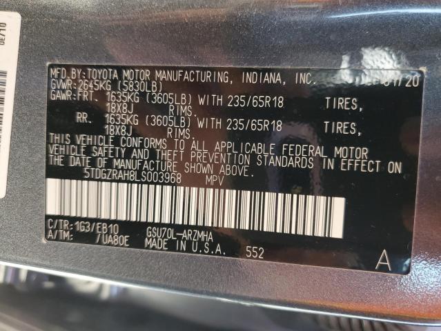 5TDGZRAH8LS003968 - 2020 TOYOTA HIGHLANDER XLE GRAY photo 13