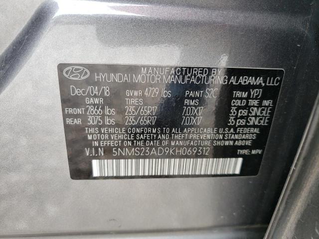 5NMS23AD9KH069312 - 2019 HYUNDAI SANTA FE SE GRAY photo 13