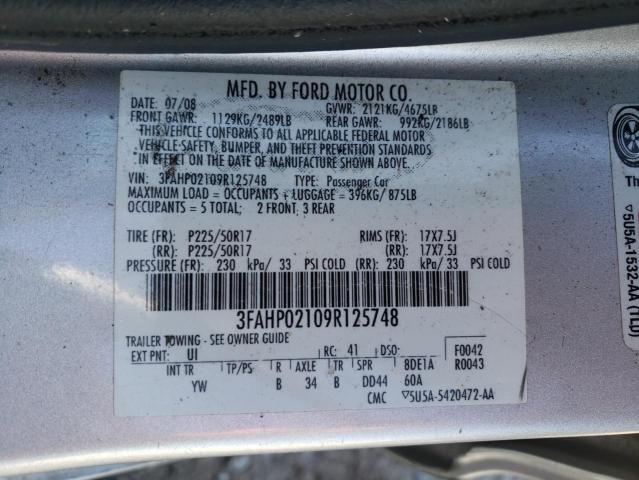 3FAHP02109R125748 - 2009 FORD FUSION SEL SILVER photo 12