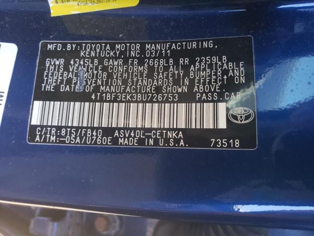 4T1BF3EK3BU726753 - 2011 TOYOTA CAMRY BASE BLUE photo 12