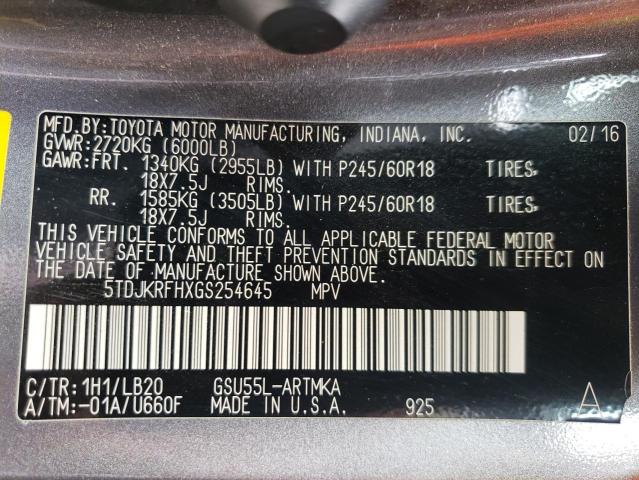 5TDJKRFHXGS254645 - 2016 TOYOTA HIGHLANDER XLE 灰色 照片 14