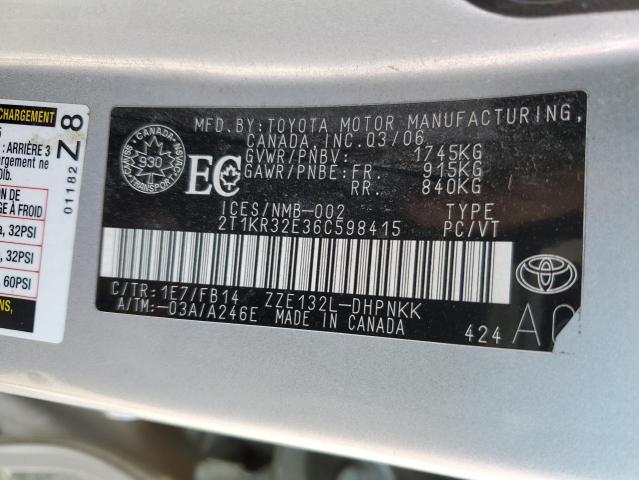 2T1KR32E36C598415 - 2006 TOYOTA COROLLA MA XR SILVER photo 12