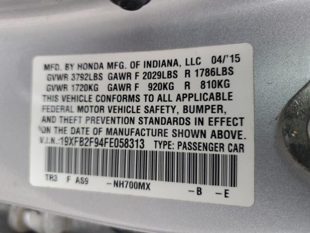 19XFB2F94FE058313 - 2015 HONDA CIVIC EXL SILVER photo 12