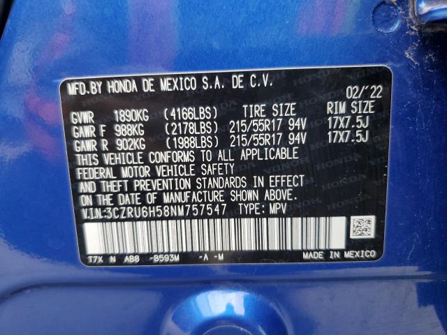 3CZRU6H58NM757547 - 2022 HONDA HR-V EX BLUE photo 12