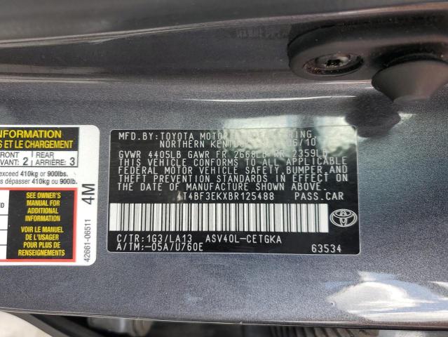 4T4BF3EKXBR125488 - 2011 TOYOTA CAMRY BASE GRAY photo 12