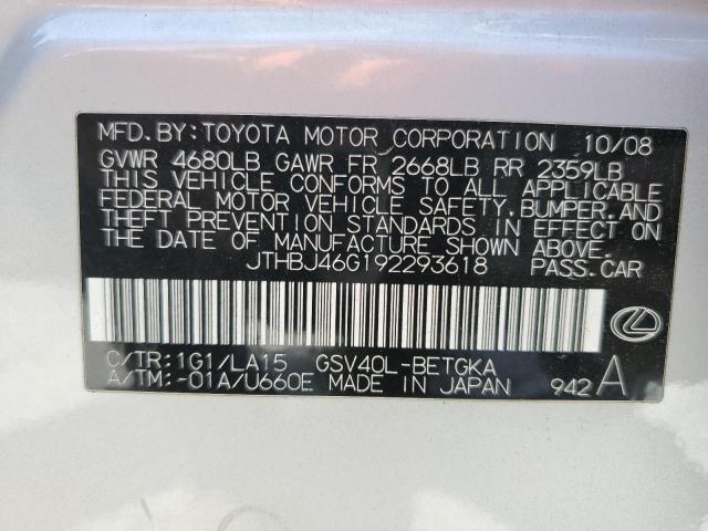 JTHBJ46G192293618 - 2009 LEXUS ES 350 SILVER photo 12