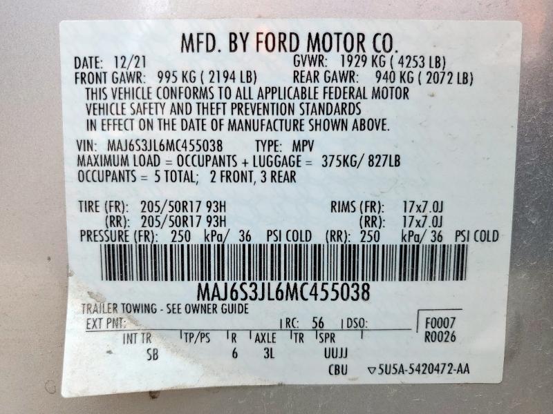 MAJ6S3JL6MC455038 - 2021 FORD ECOSPORT SES فضي صورة 13