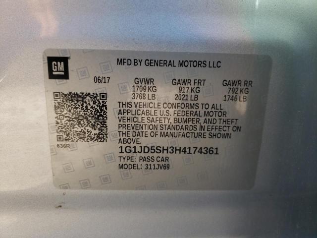 1G1JD5SH3H4174361 - 2017 CHEVROLET SONIC LT SILVER photo 12