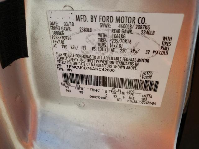 1FMCU9D76AKC42600 - 2010 FORD ESCAPE XLT SILVER photo 13